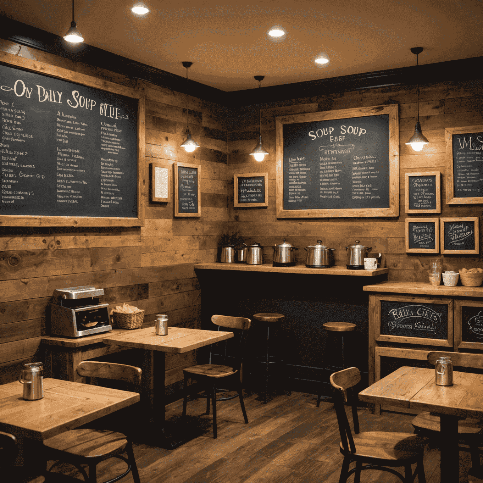 A cozy and inviting interior of one of our soup cafes, with rustic wooden tables, soft lighting, and a chalkboard menu featuring daily soup specials