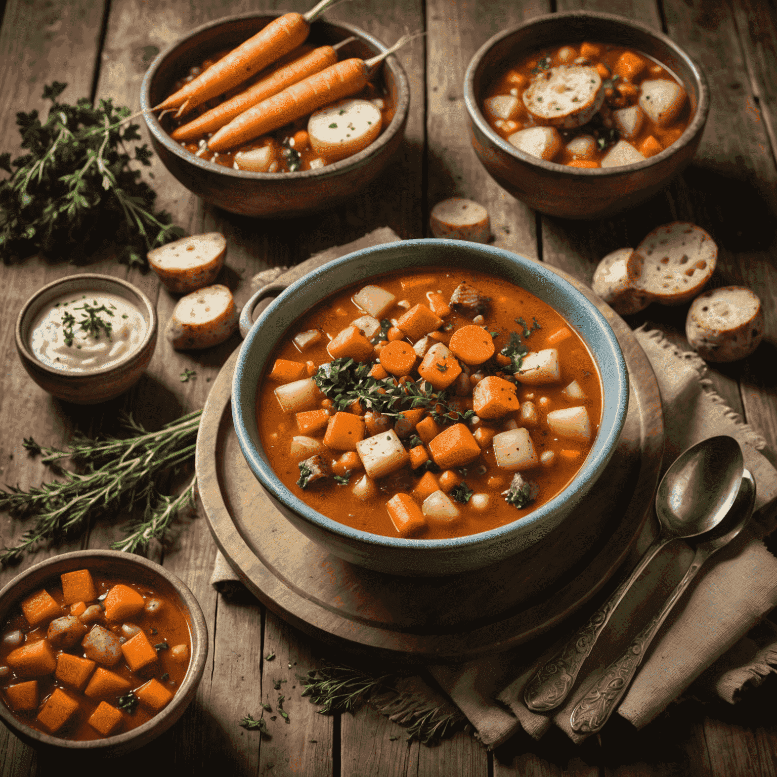 A steaming bowl of hearty vegetable soup with chunks of carrots, potatoes, and herbs in a rustic wooden table setting