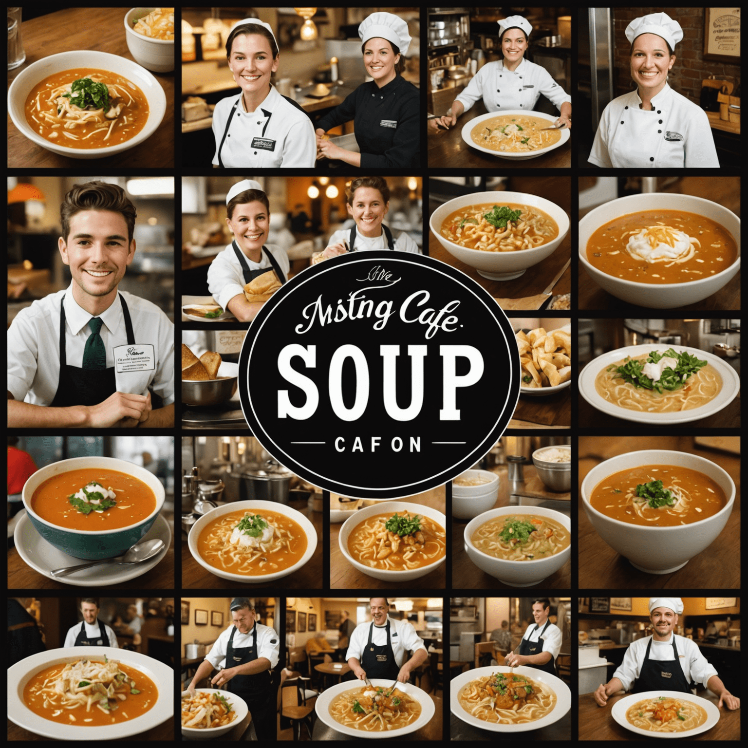 A collage of images showcasing the history and growth of the soup cafe chain, including vintage photos of the first cafe, staff members, and signature dishes.