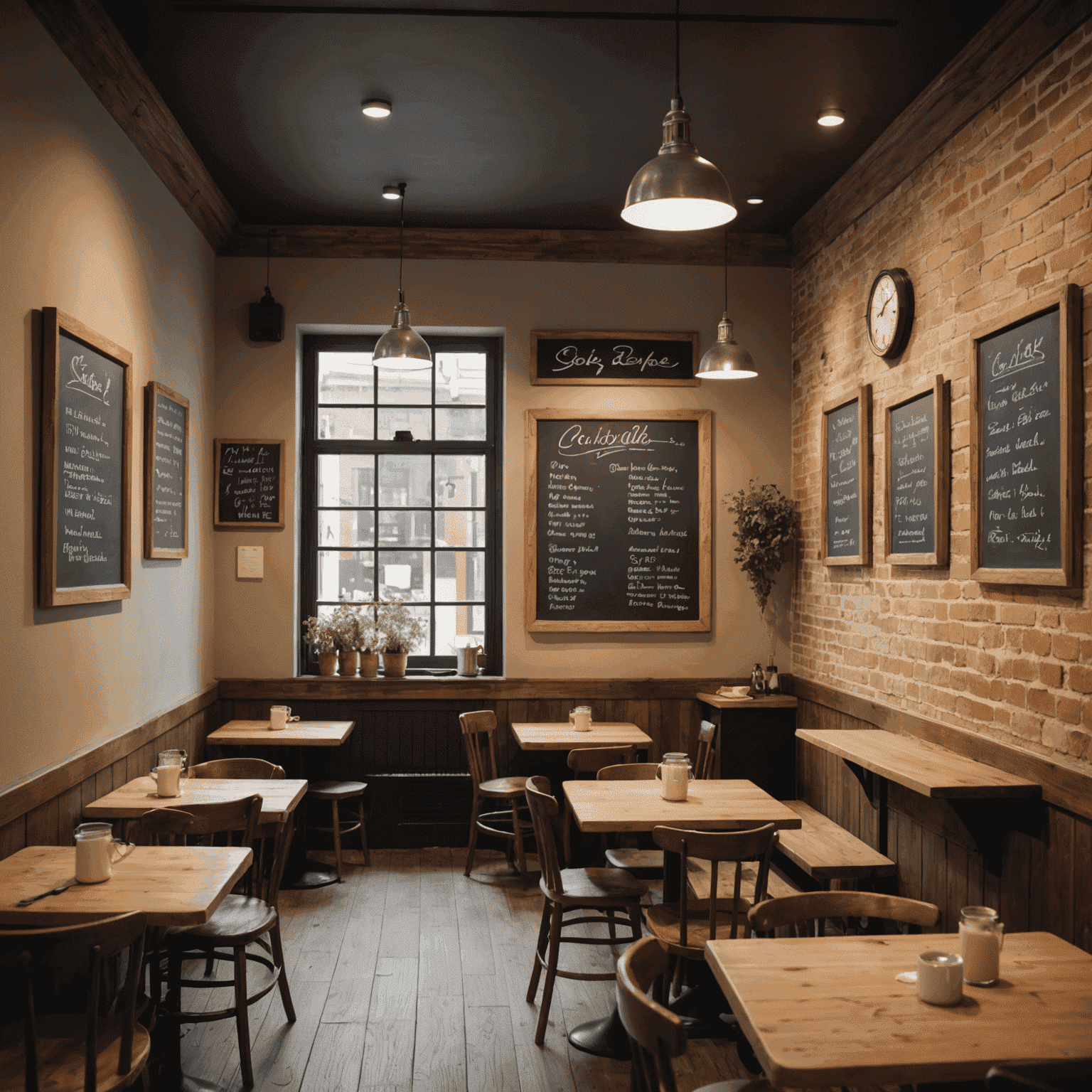 A cozy interior of a soup cafe with wooden tables, chairs, and a chalkboard menu on the wall