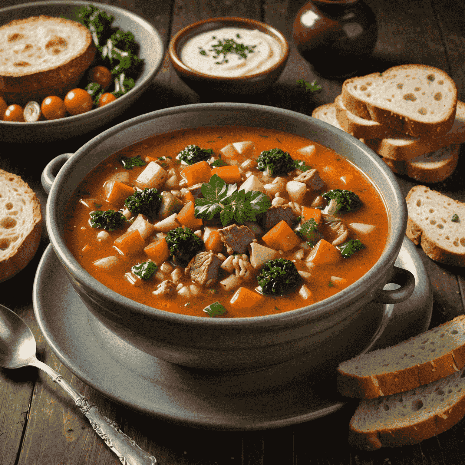 A steaming bowl of hearty, homemade soup filled with fresh vegetables and tender meat, served with a side of crusty bread. The soup has a rich, inviting aroma that fills the room.