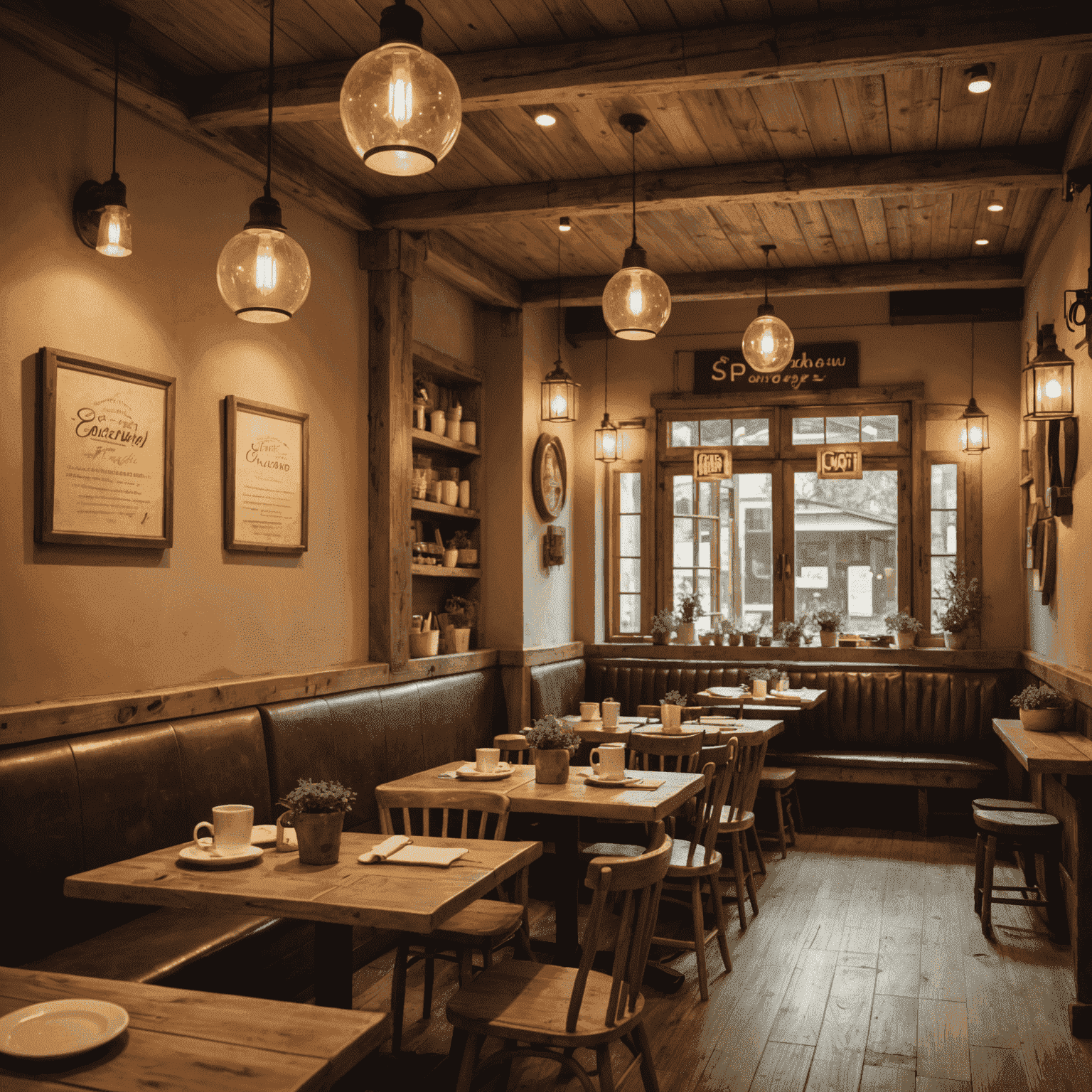 Interior of a cozy soup cafe with wooden tables, soft lighting, and rustic decor