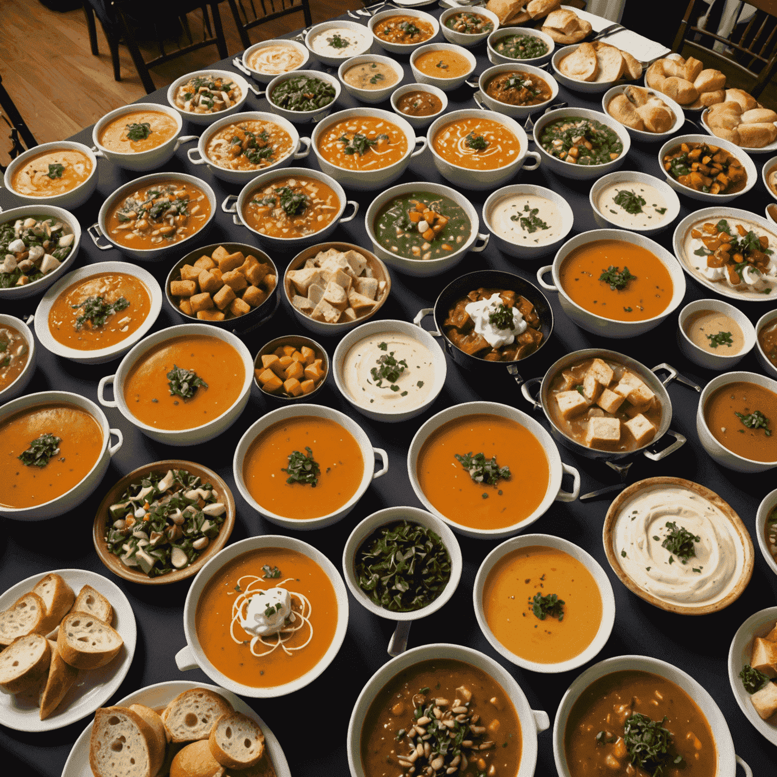 A large spread of various soups, breads, and garnishes laid out on a long table with chafing dishes, ready for a catered event