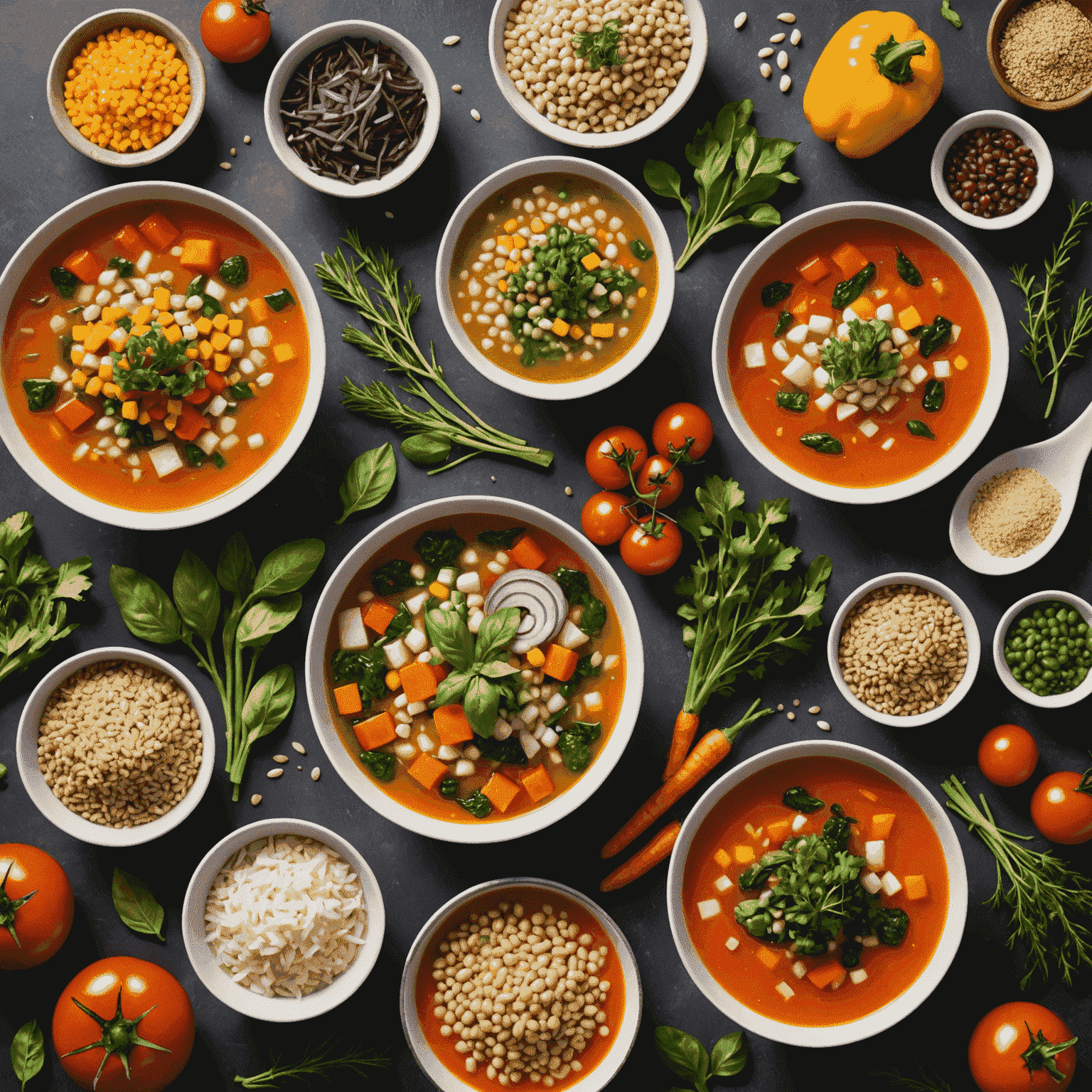 A collage of fresh, colorful ingredients used in our soups, including vegetables, herbs, and grains