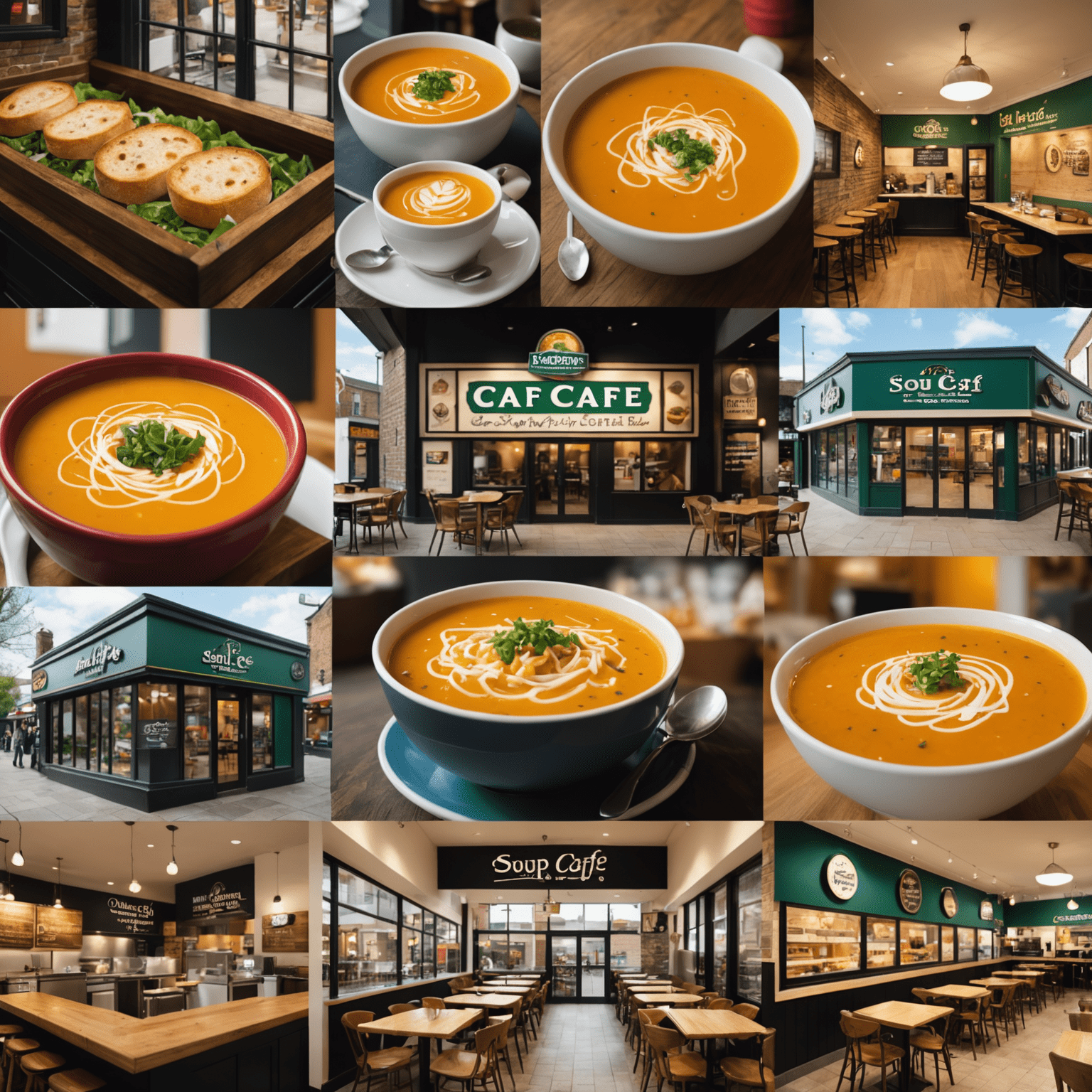 A collage of images showing the history and growth of our soup cafe chain over the years