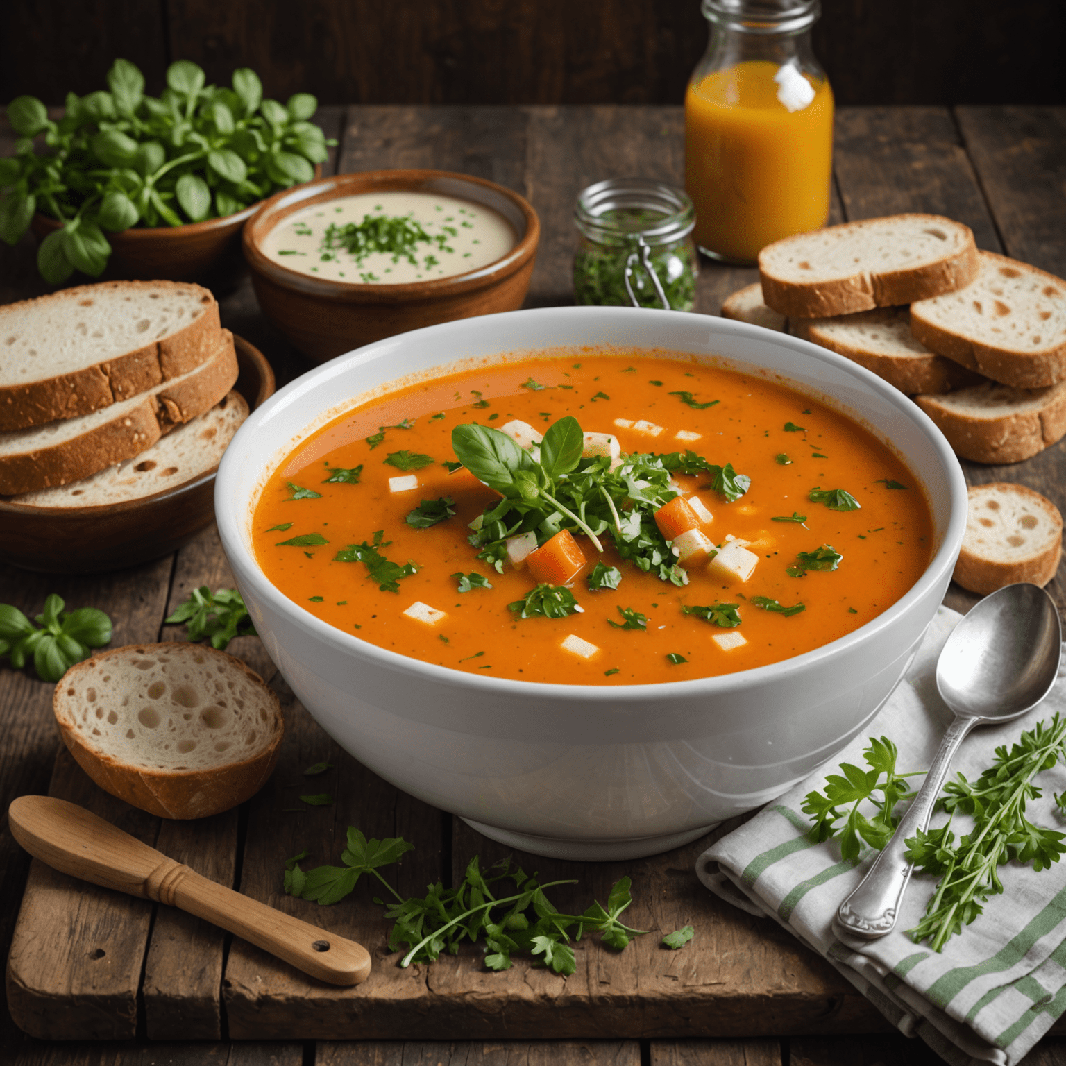 A steaming bowl of the daily soup special, garnished with fresh herbs and served with a side of crusty bread.