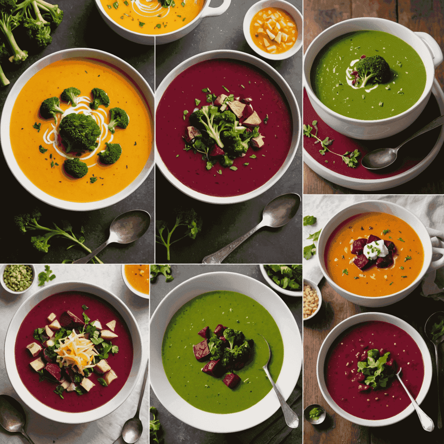 A collage of various soups, including a creamy broccoli soup, a hearty beef stew, and a vibrant beet soup