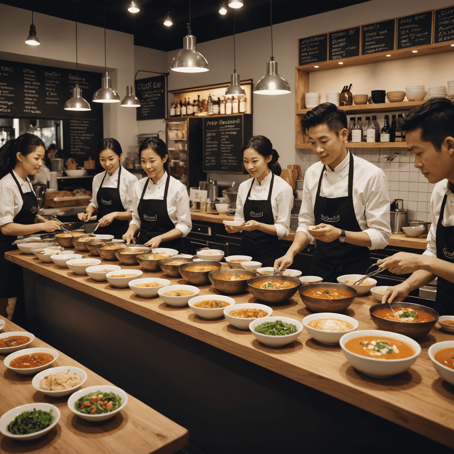 A busy soup cafe with a line of customers and staff serving hot bowls of soup