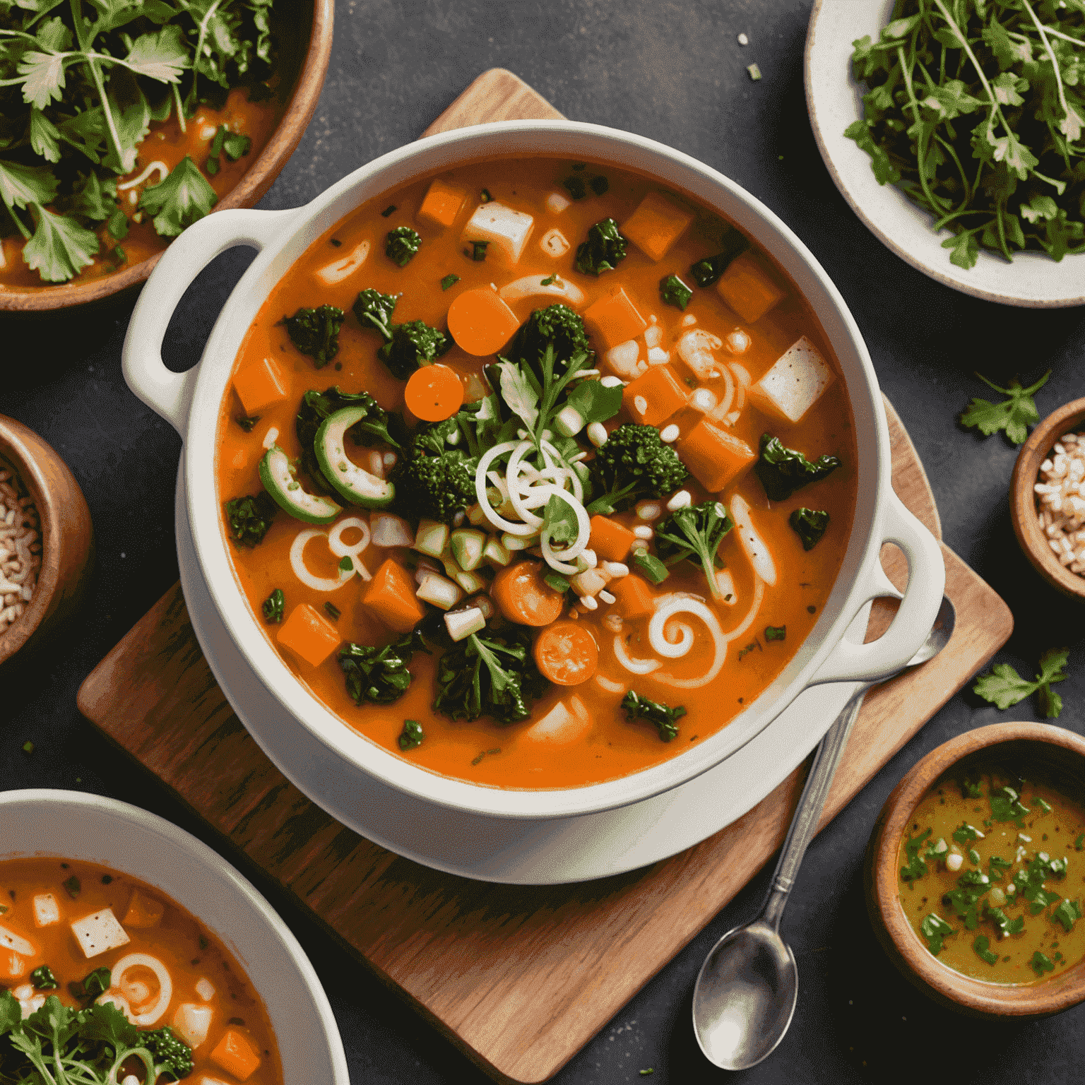 A steaming bowl of today's featured soup with fresh ingredients like vegetables and herbs