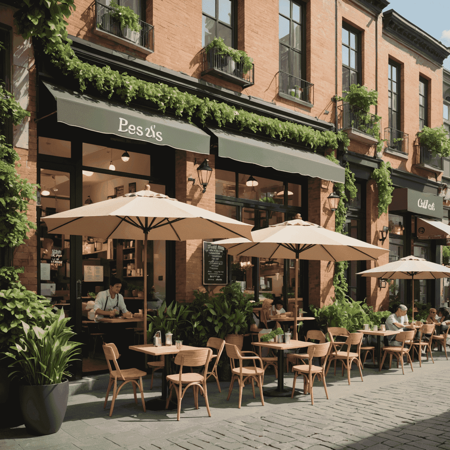 An outdoor seating area of a soup cafe with umbrellas, plants, and people enjoying their meals