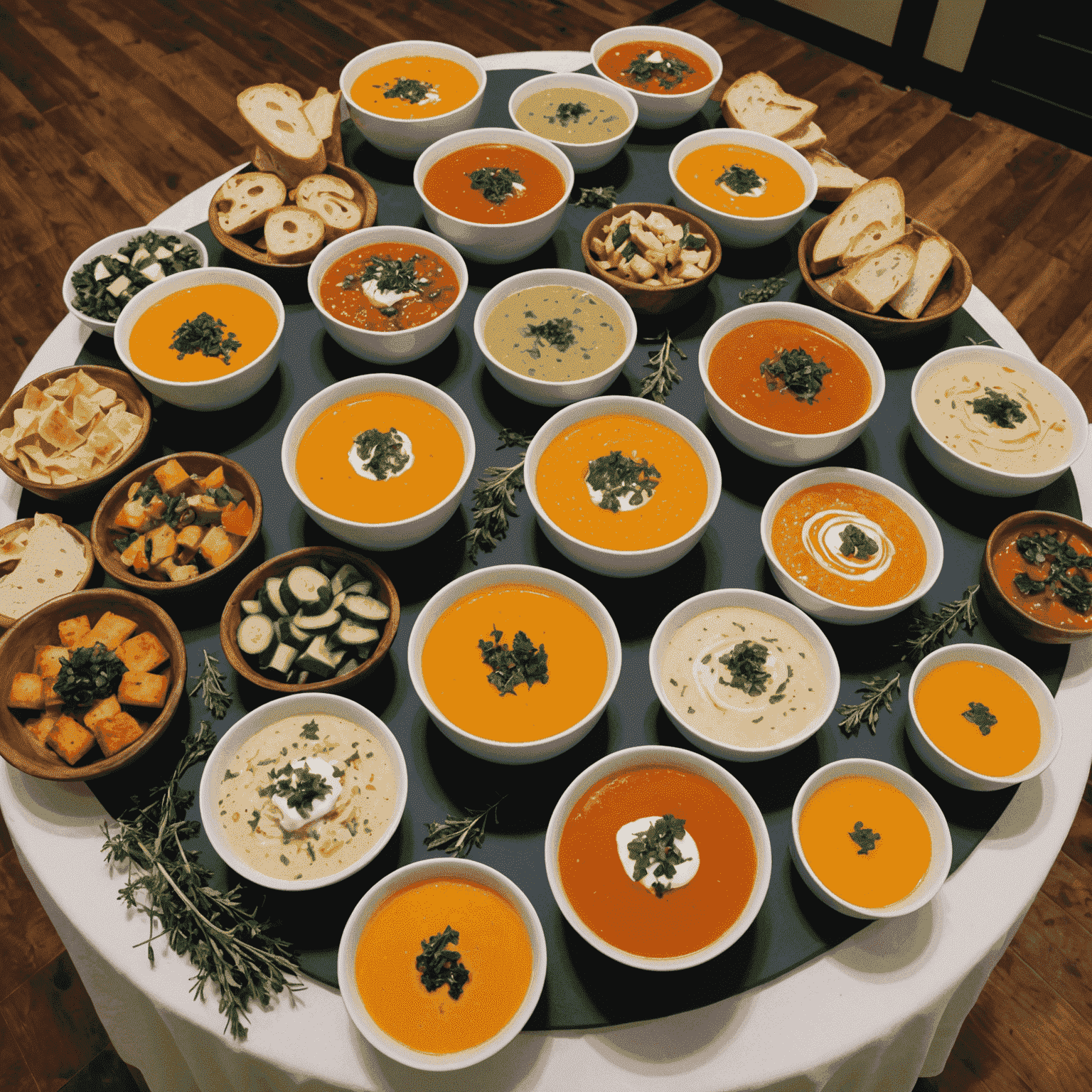 A beautifully arranged catering setup featuring an assortment of our signature soups, bread, and garnishes for a special event.