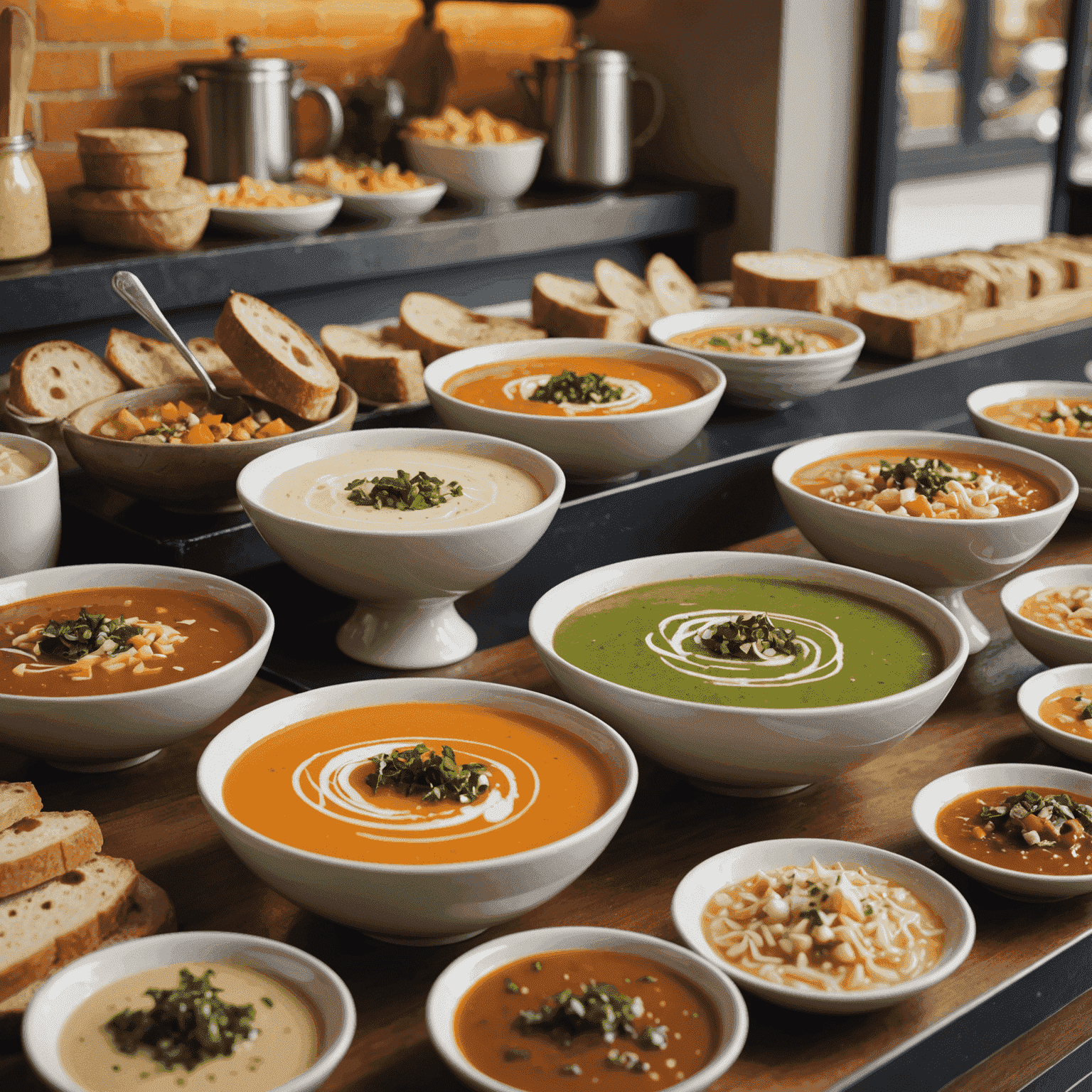 A close-up of a soup cafe counter with various soups, toppings, and fresh bread